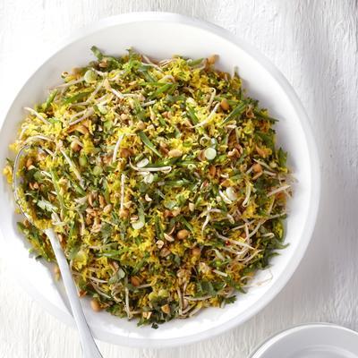 yellow rice salad with bean sprouts and peanuts