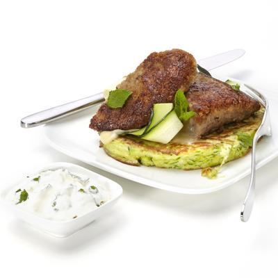 minced meat schnitzel with courgette pancakes and mint yoghurt
