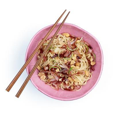 Chinese egg noodles with crispy ham and lemongrass
