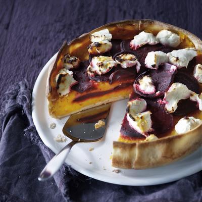 pumpkin-stamp pie with goat's cheese and beet