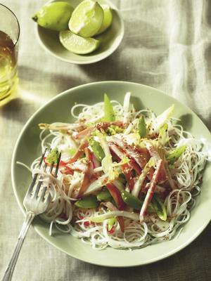 oriental salad with sugarsnaps, chicory, smoked chicken and sesame dressing