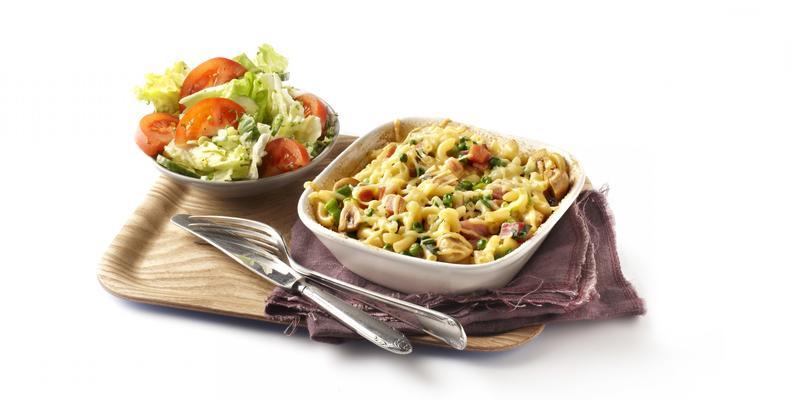 macaroni dish with green salad