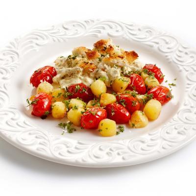 scalloped cod with baby potatoes and cherry tomatoes