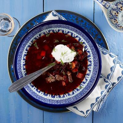 borscht with sour cream and dill