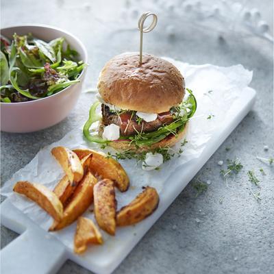 hamburgers with goat cheese and sweet potato wedges