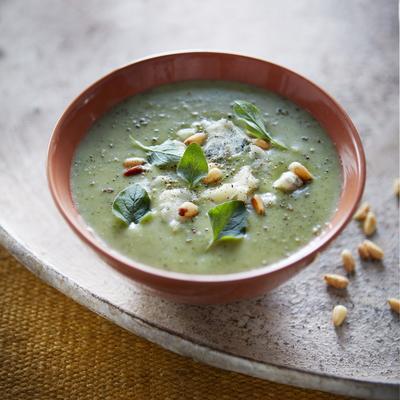 broccoli velouté with blue cheese and pine nuts