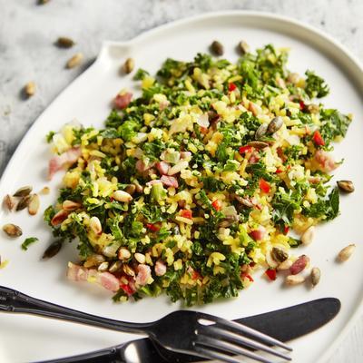 warm rice salad with spicy kale