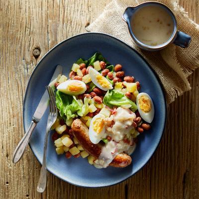 brown beans with bacon and buttermilk sauce