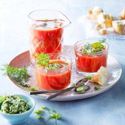 tomato broth with baguette and herb pesto
