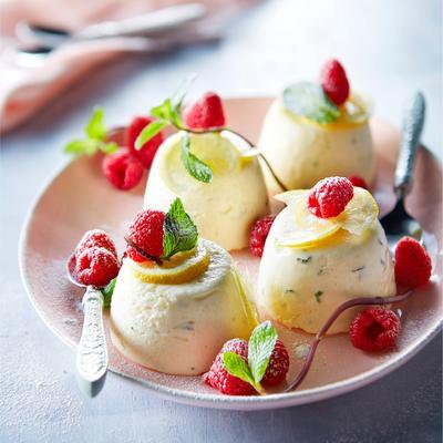 lemon bavarois with mint and raspberries