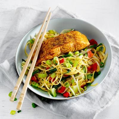 vegetable noodles with roasted salmon