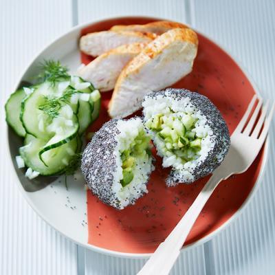 sushi balls with avocado and poppy seeds