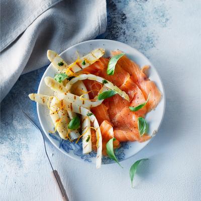 smoked salmon with roasted asparagus and basil dressing
