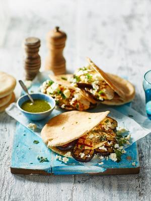 pita's with chicken, grilled eggplant and feta