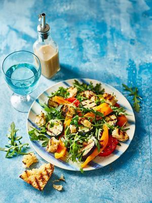 grilled vegetable salad with garlic croutons and anchovy dressing