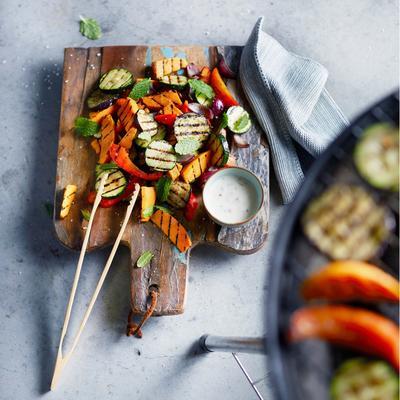 sweet potato salad with chili mint dressing and grilled vegetables