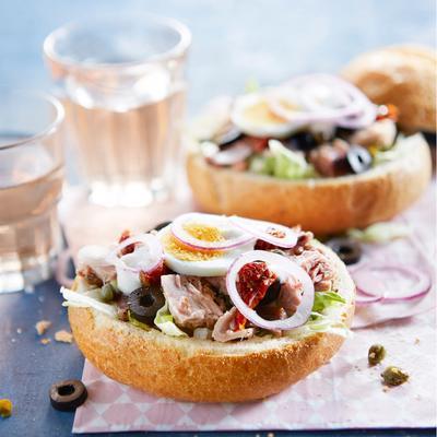salad niçoise in a bread roll