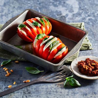 hasselback tomatoes with tomato pesto
