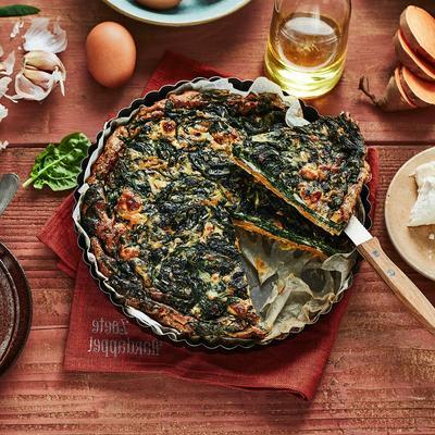 quiche of sweet potato with spinach and goat's cheese