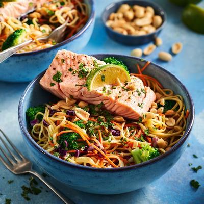 oriental coleslaw with noodles and poached salmon