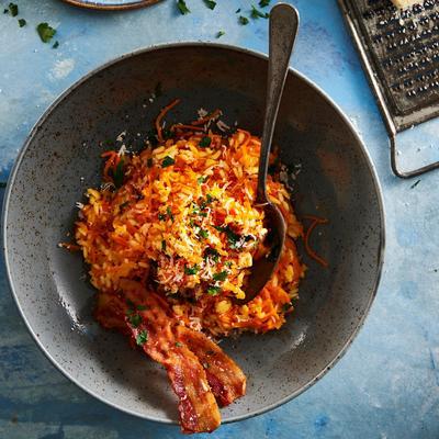 carrot risotto with crispy bacon