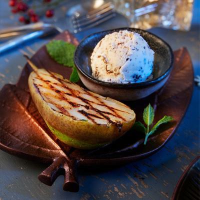 pear from the barbecue with stracciatella ice cream