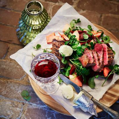 grilled steak with fruity beet salad