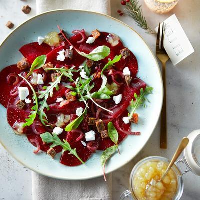 beet carpaccio with goat cheese and caramelized onion