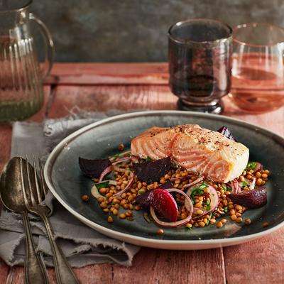 salmon from the oven with beets and lentils
