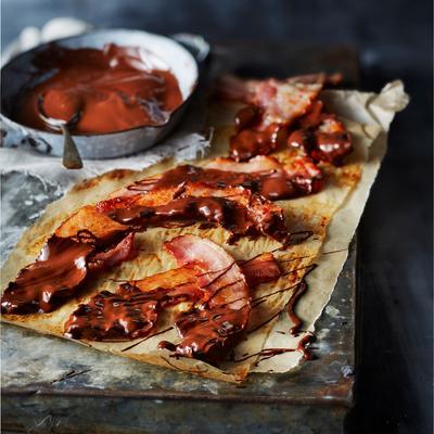 crispy bacon strip with spicy chocolate dip