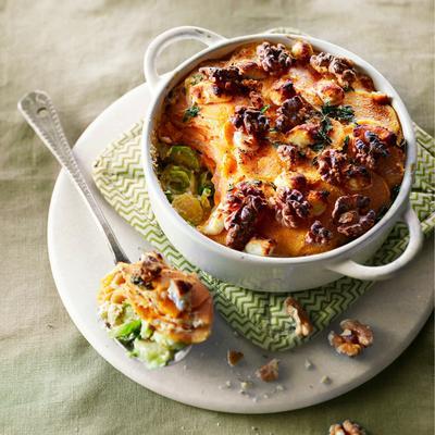 gratin of sweet potato and sprouts with goat's cheese
