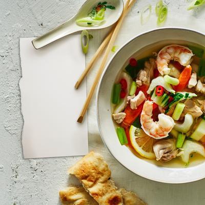 oriental chicken soup with ginger and shrimps