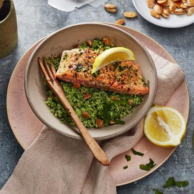 couscous of broccoli with almond and roasted salmon fillet