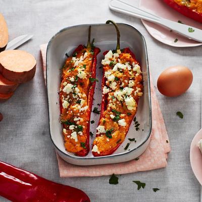 stuffed peppers with puree of sweet potato, feta and olives