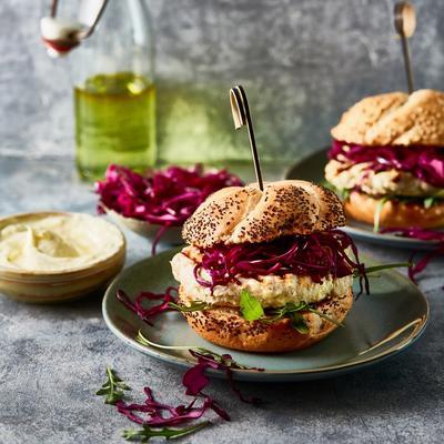 chicken burgers with red cabbage salad and wasabi mayonnaise