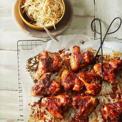 sticky ginger chicken wings with fresh coleslaw