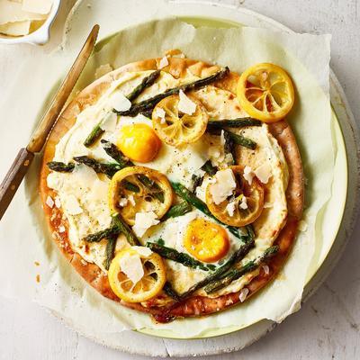 pizza bianca with lemon, egg and asparagus
