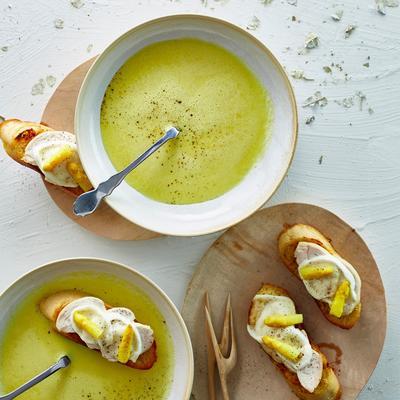 asparagus soup with chicken and cheese crostini