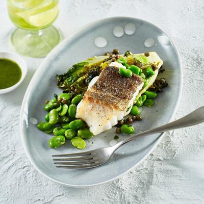 fish with dill oil, broad beans and braised lettuce