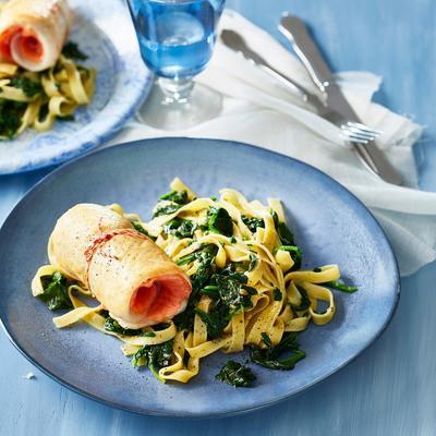 rouleau of fish with smoked salmon and tagliatelle