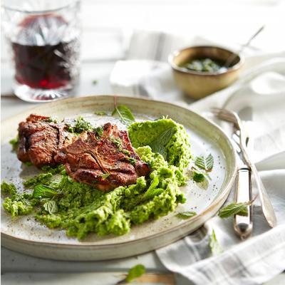 roasted lamb chops with mint sauce and pea puree