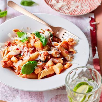 penne with seafood in creamy tomato sauce