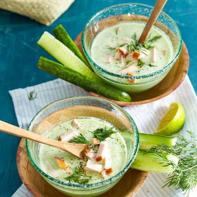 cucumber soup with smoked chicken and dill