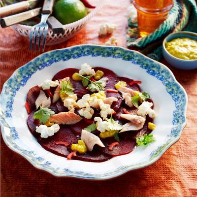 beet salad with trout and puffed corn