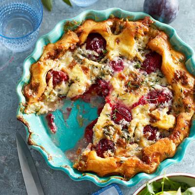 savory clafoutis with prunes and blue cheese