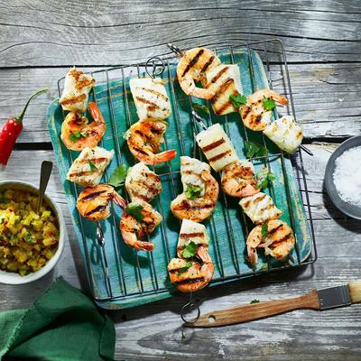 fish skewers with pineapple salsa