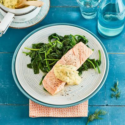 poached salmon with airy hollandaise sauce