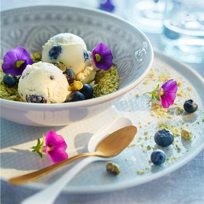 ricotta ice cream with berries, white chocolate and pistachio