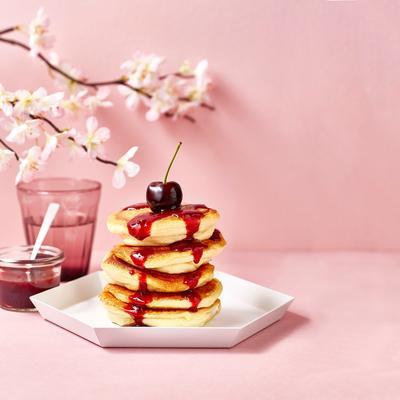 foam pancakes with honey cherry syrup