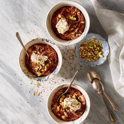 chocolate coffee risotto with pistachio